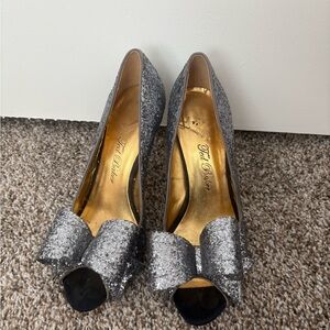 Ted Baker Silver Glitter Peep-Toe Heels with Bow Detail